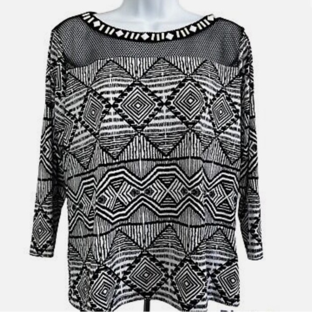 Ruby Rd black and white mesh and beaded yoke top